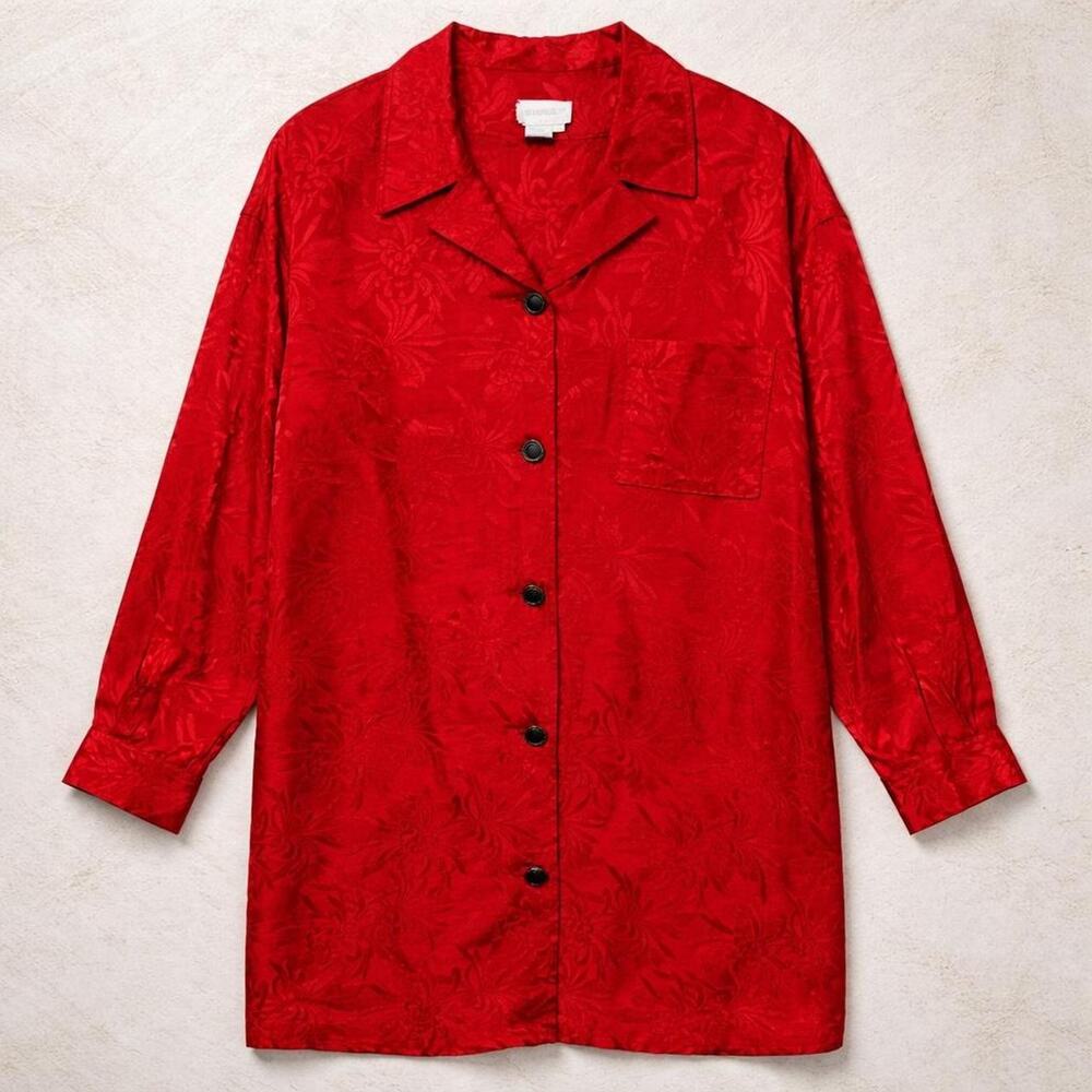 Vtg 80s glam maximalist red satin shirt dress floral pattern long sleeves XL